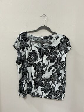 Tahari black and white floral linen top size XL